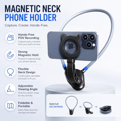 Image of Magnetic Neck Phone Holder with Strong MagSafe Mount, Flexible Hands-Free POV Recording Stand, 360 Adjustable Foldable Mobile Holder for Vlogging, Travel, Cooking & Video Shooting