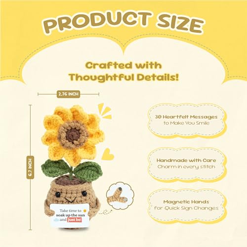 Image of Emotional Support Crochet Sunflower Doll - Handmade Plush Flower with 30 Uplifting Affirmation Cards - Encouragement Gift for Women, Anxiety Relief, Self-Care, Birthday or Thank You Gifts