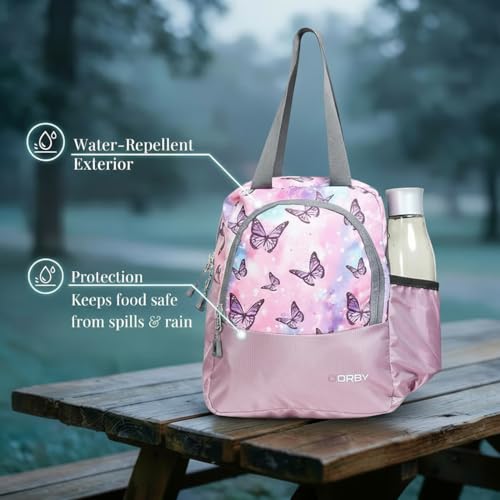 Image of ORBY Lunch Bag Butterfly Lavender | Water-Repellent Durable Fabric | Tiffin Bag with Bottle Holder & Front Pocket | Strong Zipper & Spacious Meal Storage (Butterfly Pattern, Lavender)