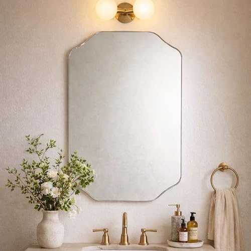 Image of TEHOME Brushed Nickel Scalloped Bathroom Vanity Mirror 20x30'' Decorative Silver Metal Framed Asymmetrical Bathroom Mirror