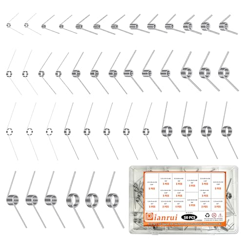 Image of Dianrui 50 PCS Torsional Springs Assortment Kit, 45 /90 /120 Degree 15 Sizes 304 Stainless Steel Mechanical Small Torsion Spring for Home Repairs & DIY Springs Assortment (Diameter 0.5 to 2.5mm)