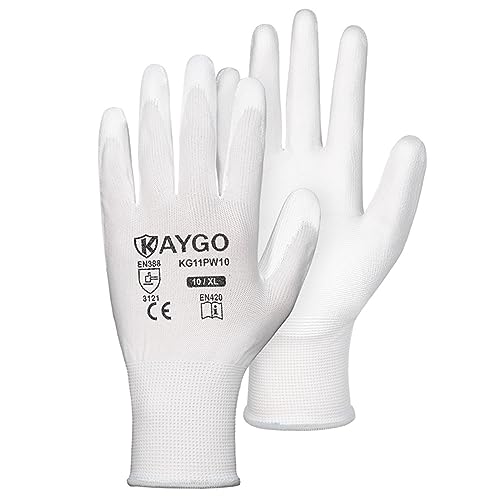 Image of KAYGO Work Gloves for Men and Women, 60 Pairs Seamless Knit PU Coated Safety Gloves, with Smooth Grip on Palm and Fingers, Ideal for Light Warehouse, Manufacturing, Gardening, KG11P (XL, White)