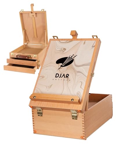 DJAR Large Sketchbox with 3-Drawer Storage, Adjustable Beech Wood Desktop Easel for Painting, Portable Wooden Tabletop Easel for Canvas, Drawing, Art Supplies, Adults, Beginners, Artists, Natural