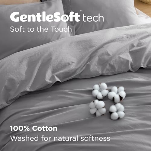 Bedsure 100% Washed Cotton Duvet Cover Queen Size - Gray Minimalist Cotton Duvet Cover Linen Like for All Seasons - GentleSoft™ Plain Simple Bedding (Gray, Queen, 90"x90")