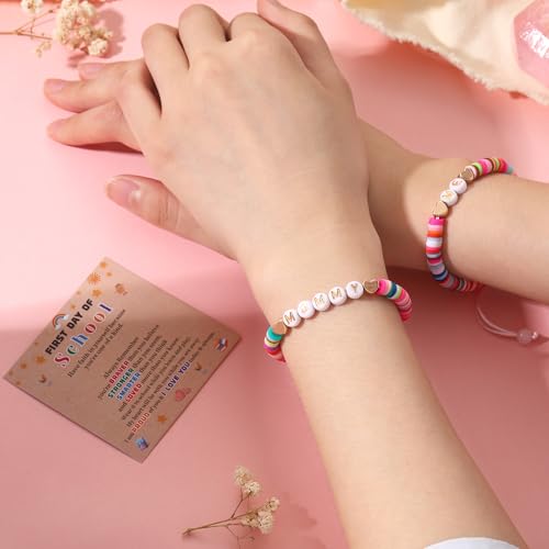 First Day of School Gifts Matching Bracelets for Women Girls Mother and Daughter Beaded Bracelet Multicolor Bead Stretch Back to School Gift I Love You Engraved Christmas Birthday Jewelry