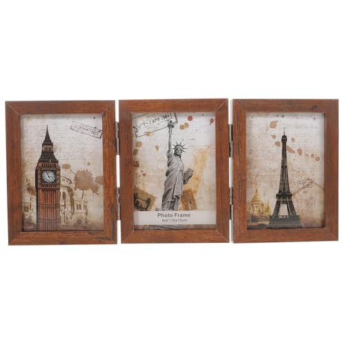 Uonlytech Marco de Fotos Plegable de Mesa 6 Pulgadas Tres Pliegues Color Marrón Oscuro Marco Decorativo Retro para Dormitorio y Decoración de Fiesta Portafotos para 6 Fotos Estable