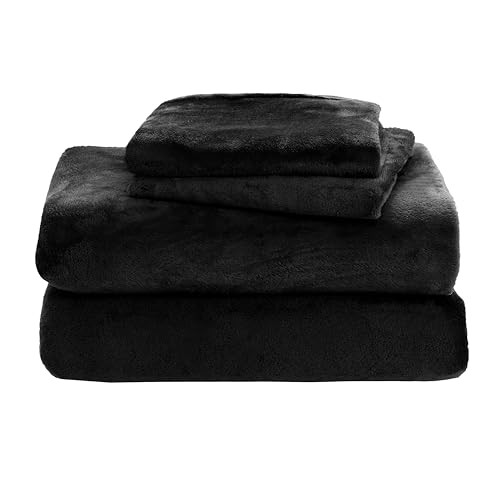 Elegant Comfort Luxuriously Soft 4-Piece Velvet Plush Flannel Sheet Set - Premium Quality - Cozy Warm, Anti-Static, Non Pilling Fuzzy Velvet Flannel Fleece Deep Pocket Sheet Set - Twin, Black