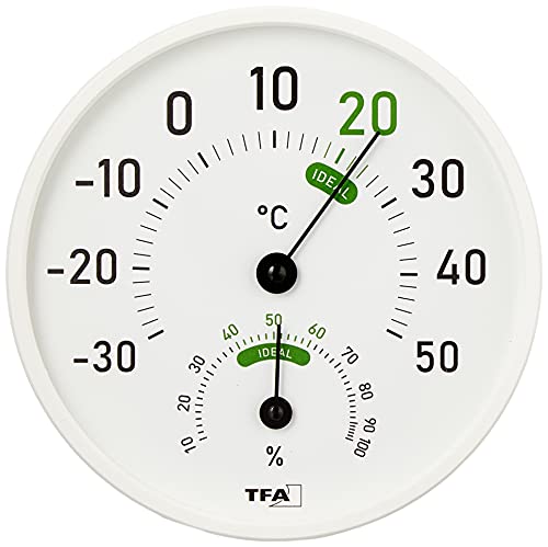 TFA Dostmann Analoges Thermo-Hygrometer, 45.2045.02, für innen und außen, mit farbigen Komfortzonen, zur Raumklimakontrolle, Temperatur und Luftfeuchtigkeit, weiß