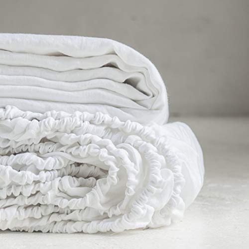 King Linens 100% Linen Fitted Sheet Stone Washed Solid Color - (1 Piece) 14 Inch Deep Pocket Mattress Cover Soft Natural Breathable Farmhouse - White, King Size #TOP5