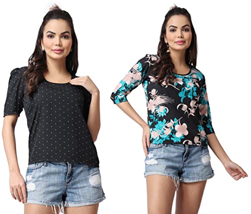 Image of POPWINGS Casual Floral Printed Round-Neck Puff-Sleeves Tops Combo for Women