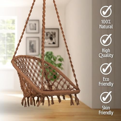 Image of Swingzy Premium Cotton D-Shape Hanging Swing Chair for Home, Balcony & Garden | Indoor & Outdoor Hammock for Kids & Adults | Stylish Brown Net Design with Comfortable Seating (64 x 61 x 152 cm,Brown)