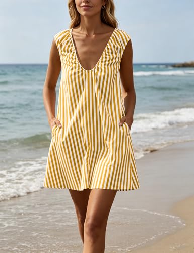 Image of Women Summer Sleeveless Babydoll Mini Dress Scoop Neck Loose Fit Tank Dresses Party Ruched Short Dress with Pockets