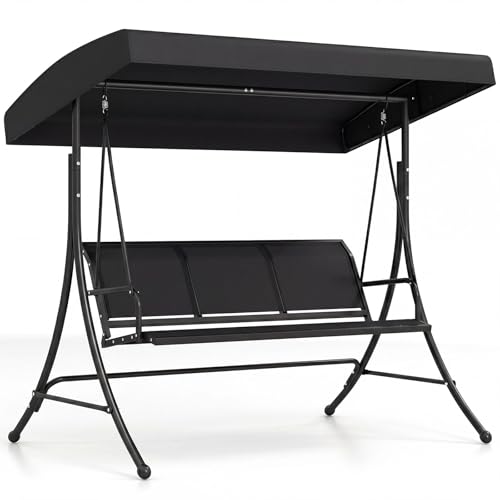 Image of Tangkula 3 Person Porch Swing, Patio Swing with Adjustable Canopy, Heavy-Duty Frame, Breathable Fabric, Outdoor Swing for Porch, Garden, Backyard, Poolside, 800 LBS Max Load