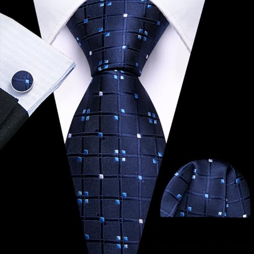 Image of Barry.Wang Mens Tie Set Plaid Check Neckties Formal Business Wedding Luxury Pocket Square Cufflinks