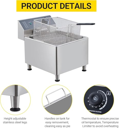 Electric Deep fryer Stainless Steel with Basket & Lid 2.0, Capacity 11L Countertop Fryers, for Home Kitchen and Restaurant Use with Large Thick Frying Basket and Lid, 1700 W, 110V