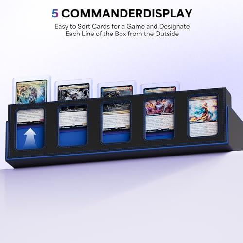 Image of UAONO Trading Card Storage Box with Commander Display;3900+ Card Box for MTG, Removable Cover; 5 Row Case fits MTG TCG Sports Cards 48 Dividers,5 Stoppers,5 Top Loaders,1 Dice Box(Black, Blue)