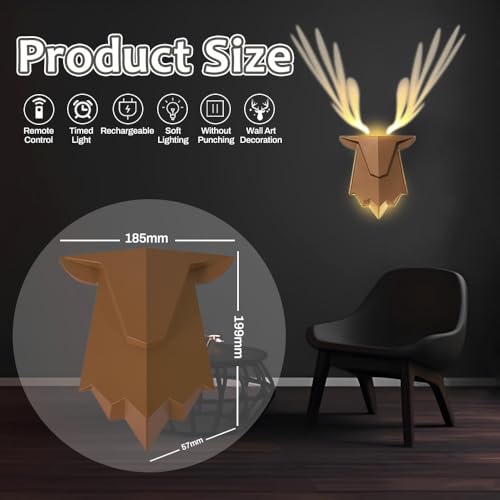 Image of Deer Shadow Lamp, Deer Antler Shadow Wall Lamp with Remote Control, Nail-Free Wall-Mounted Night Light for Bedroom, Living Room, Hallway, Battery Powered and Removable Rechargeable
