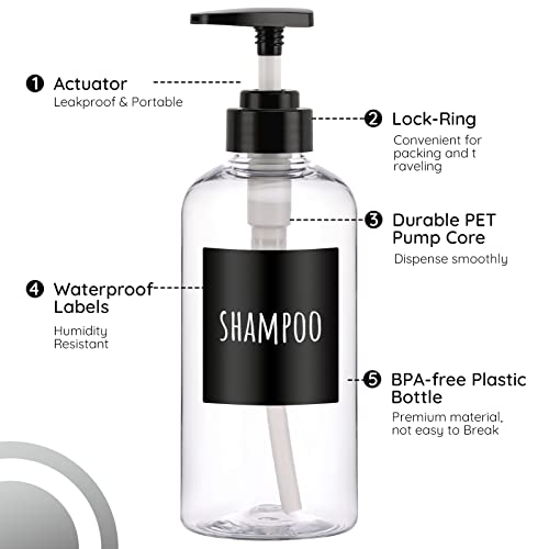 Image of Shampoo Bottles with Labels, Segbeauty 3pcs 16.9oz /500ml Plastic Pump Bottle Dispenser, Empty Refillable Shower Lotion Body Soap Shampoo Conditioner Press Dispenser for Hotel Bathroom Kitchen Clear