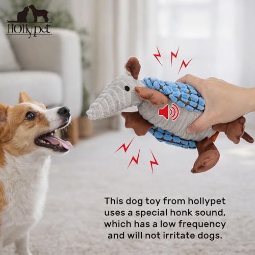 Image of Hollypet Plush Dog Squeaky Toy Stuffed Armadillo Animal Pet Puppy Chew Toys with Clean Teeth for Small Medium Large All Breed Sizes Dogs, Sea Foam, 8 in