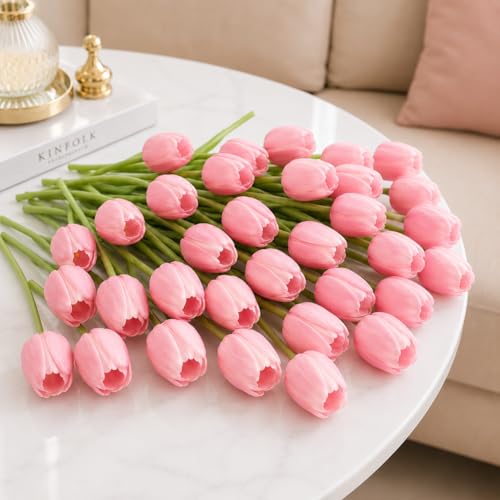 Image of Pink Olive 5 Pcs Artificial Tulip Flower Bunches for Vase | Silk Faux Flowers for Home Decor, Table Centerpiece, Living Room, Bedroom, Wedding Party, Gift (Vase Not Included)