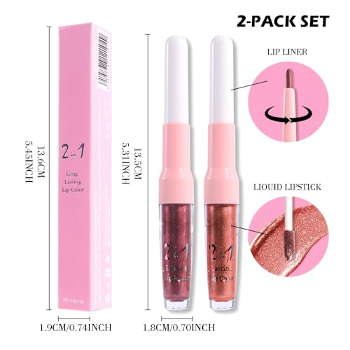 Image of evpct 2Pcs Plum Red Brown Metallic Glitter Lip Liner and Lipstick Combo, Shimmery Lip Gloss Stain Set Makeup for Women Long Lasting Waterproof 24, Metallic Shimmer Iridescent Glossy Liquid Lipstick
