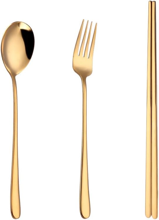 Silverware Flatware Set, 3/12/18/24 Pieces 304 Stainless Steel Spoons And Forks, Solid Chopsticks, Long-handled Soup Spoons, Colorful Tableware Set (Color : Gold, Size : 4Set-12Pcs)