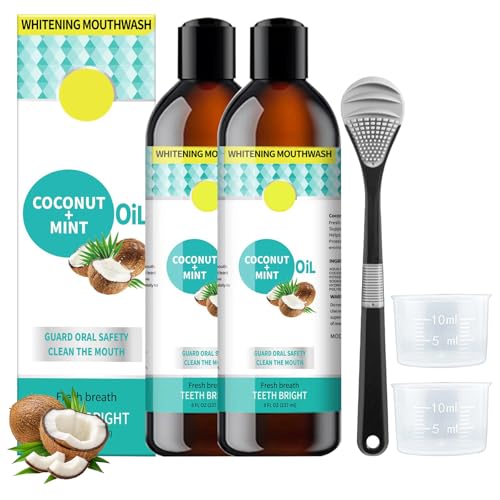 2 Packs Oil Pulling con Tongue Scraper, Aceite de Coco para los Dientes, Enjuague Bucal de Aceite Coco & Menta, Blanqueamiento Dental, Encías Sanas, Mejorar Aliento, Sin Alcohol ni Flúor (8 Fl.Oz)