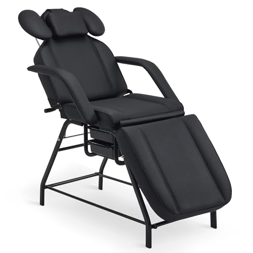BarberPub Adjustable Esthetician Facial Bed with Storage, Lash Recliner Chair 180 Degree, Leather Massage Table 300 lbs Capacity, Beauty Spa Tattoo Chair with Removable Headrest 2110 (Black)
