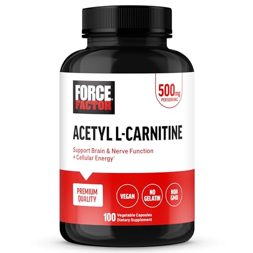 Force Factor Acetyl L-Carnitine Brain Supplement, Nerve Support Supplement, and Cellular Energy Booster, Acetyl L-Carnitine 500mg, Premium Quality, Vegan, Non-GMO, 100 Vegetable Capsules
