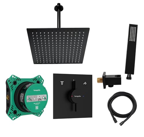 vanvilla Duschsystem mit Unterputz Duscharmatur von Hansgrohe Duo Turn E und vanvilla Regendusche mit Armatur, Duschkopf eckig, Dusch-SET HGS202 schwarz matt