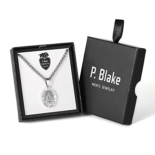 P. BLAKE Oval Saint Christopher/Michael/Joseph/Jude/Virgin Mary/Joseph/Francis/Patrick/Anthony/Benedict/Thomas Necklace for Men Women, Stainless Steel Catholic Patron Pendant with Chain 24 Inches