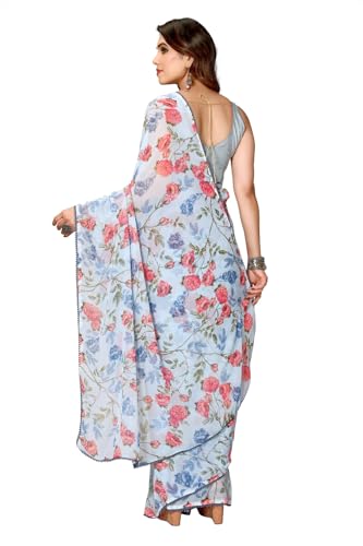 Image of ROOP SUNDARI SAREES Readymade Pleated Pre Drape Stitched Floral Printed Georgette Saree For Women's With Lace Border & Blouse(Ready To Wear One Minute)