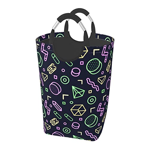 抽象的なスタイルネオンシームレス ット ハンドル付き 洗濯かご おもちゃ 収納オーガナイザー 折りたたみ式バケツ 洗濯箱 汚れた衣類バッグ 自宅 バスルーム 寝室 寮用