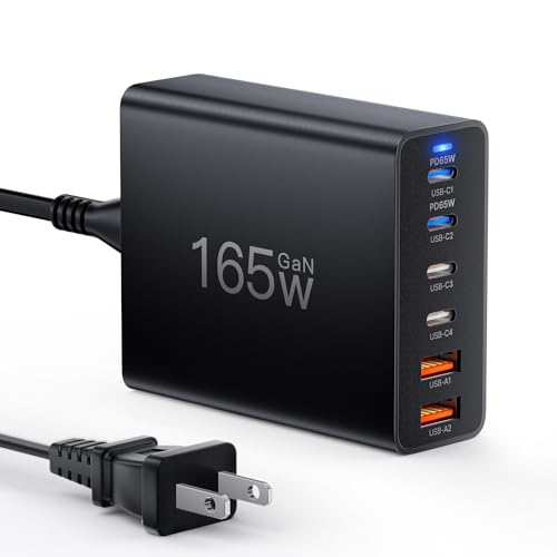 USB C Charger Block, 165W GaN 6 Port USB C Fast Charging Station Hub Block Wall Charger Power Strip Adapter Plug Cube for iPad iPhone 15 14 13 12 11 Pro Max Pixel Note Galaxy MacBook Air