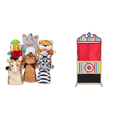 Melissa &amp; Doug Safari Buddies Hand Puppets Set of 6 (Elephant, Tiger, Parrot, Giraffe, Monkey, Zebra) with Deluxe Wooden Puppet Theater