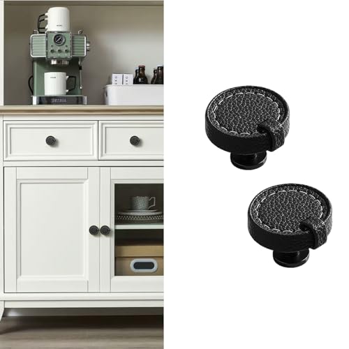 Image of 6 Pack Hand-Stitch Black Round Leather Cabinet Knobs and Drawer Pulls for Dressers, Cupboards, Bedrooms - Brown