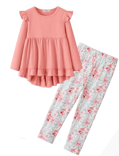 Image of Yekaty Girls Clothes Ruffle Shoulder High Low Hem Long Sleeve Top and Floral Pants 2 Piece Fall Outfits Clothing Set