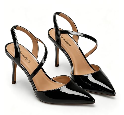 Image of Closed Toe Slingback Heels Wedding High Stiletto Heel for Women 3.3 Inch Ankle Strap Pointed Toe Pumps Prom Dress Bride Shoes for Dinner Party Sexy