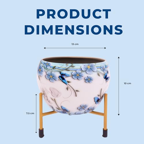 Image of NATURAL EARTH Metal Flower Pot & Stand with Free 1 KG Organic Vermicompost Fertilizer | Decorative Indoor Outdoor Plant Pot | Artsy White Floral Planter for Home & Garden Decor