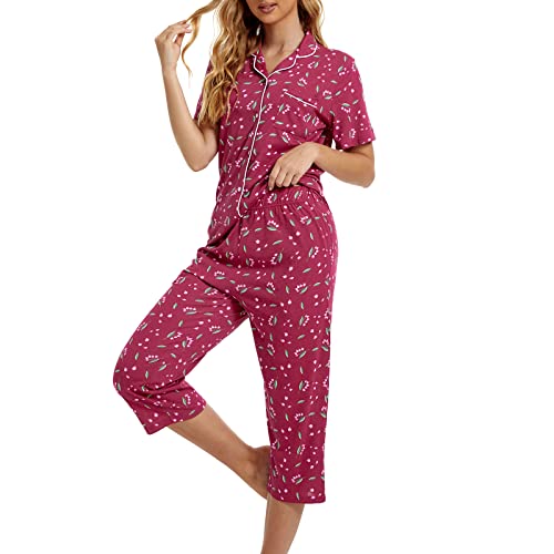 Image of Tugege Capri Pajamas Set Womens Button Down Short Sleeve Lounge Sets Sleepwear Notch Collar Top & Capri 2 Piece PJ Sets