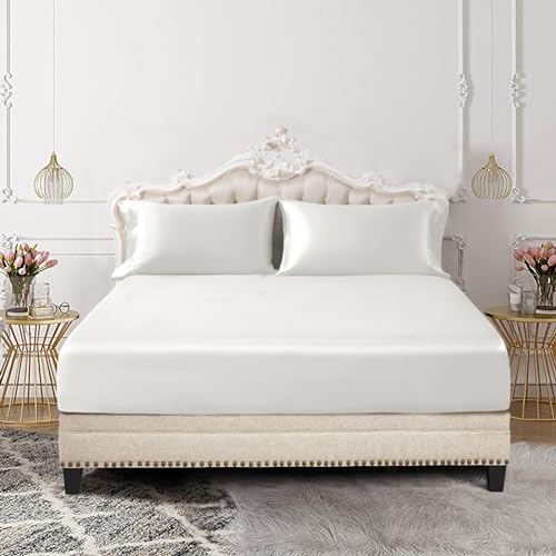Image of SiinvdaBZX 3-Piece Set Satin Full Fitted Sheet & 2 Pillowcase, Ivory White Silky Soft Fitted Bottom Sheet, Wrinkle Free, Fade Resistant, Deep Pocket Bed Sheet (Deep Up to 15 inch)