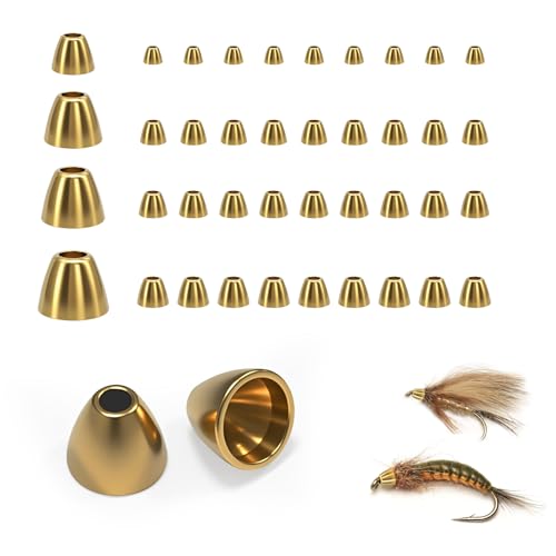 40 Pack Brass Cone Heads for Fly Tying – Copper & Brass Beads for Streamers & Nymphs, Fast Sinking, 4 Sizes for Fishing Patterns