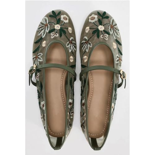 Image of MRKEWUNEY Mesh Ballet Flats for Women Embroidered Floral Round Toe Mary Jane