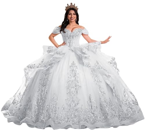 TRHTX Princess Ruffles Quinceanera Dresses with Train Puffy Lace Crystal 15 Dresses for Quinceanera Layered Tulle Ball Gown
