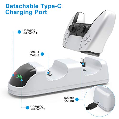 Gifort Ladestation für PS5 Controller, Dual Type C Charging Station mit LED Anzeige & Sicherer Chip, PS 5 Zubehör Ladegerät für Playstation 5 DualSense Controller inkl. USB Kabel, Weiß - Image 4