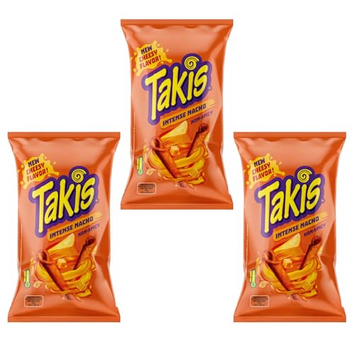 Takis Nacho 3er Pack je 100 g Intensiv gewürzte Maischips mit Käsegeschmack extra knusprig & würzig + Heartglobal Versandschutz