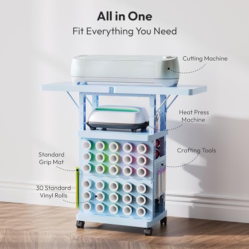 Image of Organizer and Storage Stand Compatible with Cricut Machine, Rolling Storage Cart Table Desk Shelf with 30 Vinyl Roll Holders, Tool Pegboard, Accessories Holder Organizer for Craft Room Home