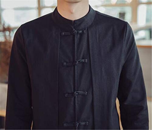 HZCX FASHION Men's Vintage Cotton Linen Stand Collar Frog-Button Trench Coats3
