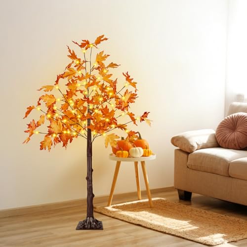 4FT Artificial Lighted Maple Tree, Fall Decorations for Home with Timer, 50 LED Prelit Fall Decor Maple Tree with Warm White Light for Indoor Outdoor Harvest Halloween Thanksgiving Day, Orange