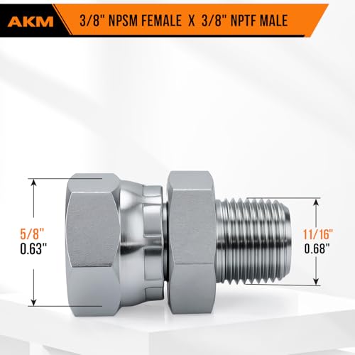 Image of Straight Hydraulic Hose Adapter Fittings, 1404-06-06 3 /8 inch-18 NPT Male Pipe x 3 /8 inch-18 NPSM Female Pipe Swivel Connectors x 5 pack